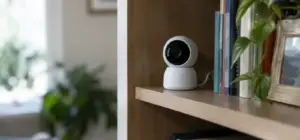 A small white indoor security camera on a bookshelf with its power cable behind