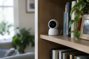 A small white indoor security camera on a bookshelf with its power cable behind