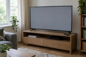 A living room television showing a blank screen, with the remote resting on the stand