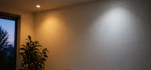 A living room wall lit by two recessed downlights, one warm and one cool white