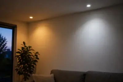 How to Choose a Smart Lighting System A living room wall lit by two recessed downlights, one warm and one cool white