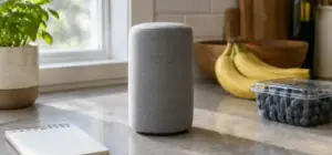 A fabric-covered smart speaker on a kitchen counter next to a blank notepad and some groceries
