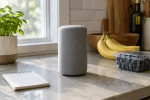 A fabric-covered smart speaker on a kitchen counter next to a blank notepad and some groceries