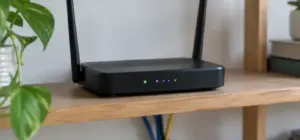 A black home wifi router with two antennas on a wooden shelf, indicator lights lit