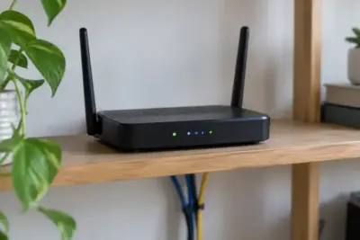 A black home wifi router with two antennas on a wooden shelf, indicator lights lit