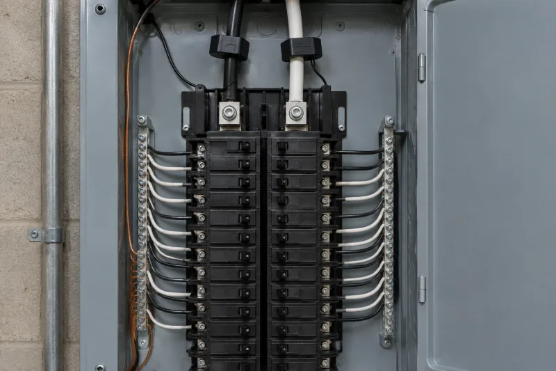 An open American residential electrical panel with rows of black circuit breakers and clamp sensors on the incoming conductors