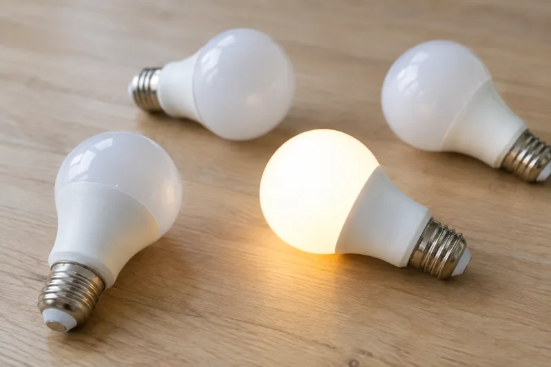 Four plain white LED light bulbs on a pale wooden surface with one of them lit warm