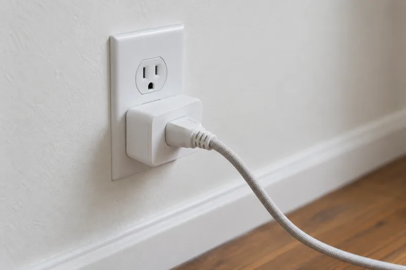 A white smart plug adapter in a standard US wall receptacle with a fabric lamp cord plugged into it