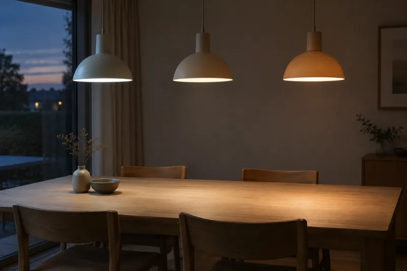 Three pendant lamps hanging over a dining table at dusk, each a slightly different warmth of white