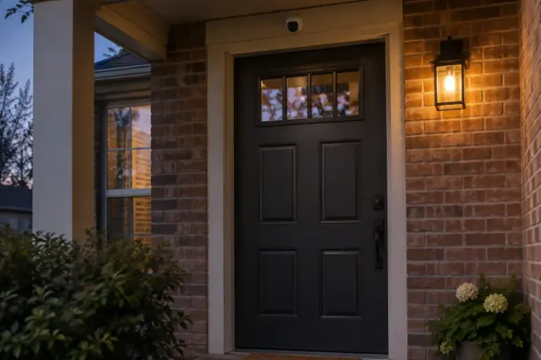 A suburban front door at dusk with a porch light on and a small camera above the door frame
