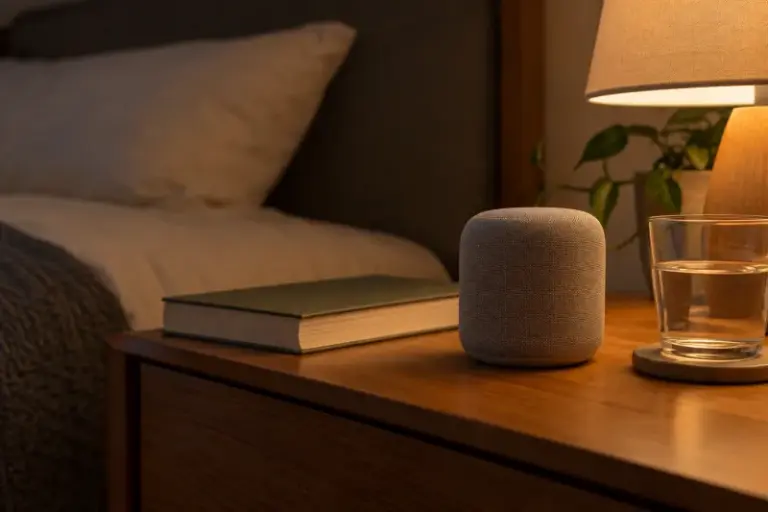 A small fabric-covered smart speaker on a bedside table beside a book and a glass of water