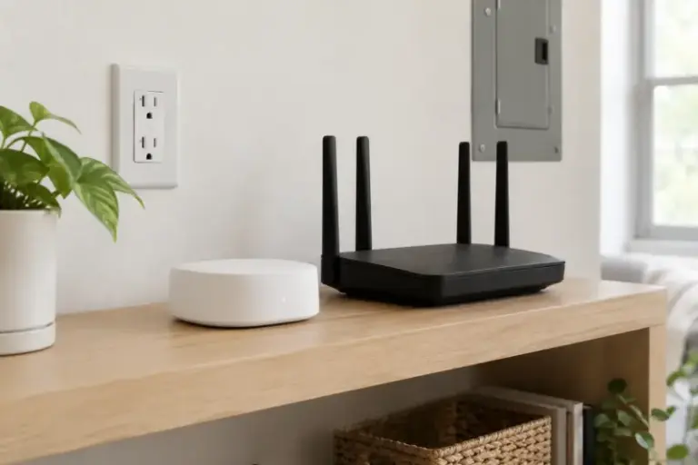 A small white smart home hub on a wooden shelf next to a black wifi router